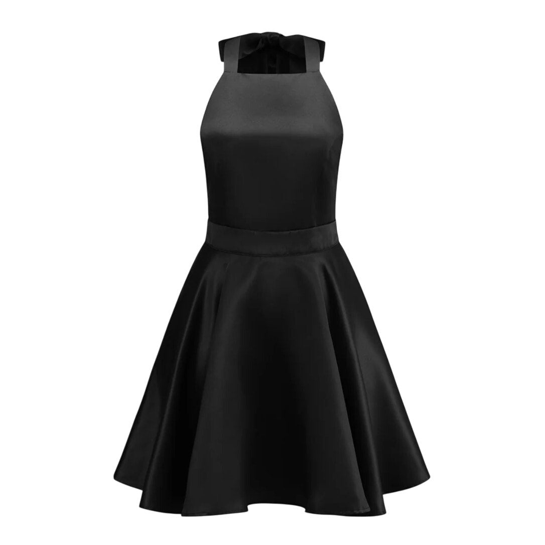 Commense Satin Knotted Doule Pockets Open Back Pleated Mini Dress