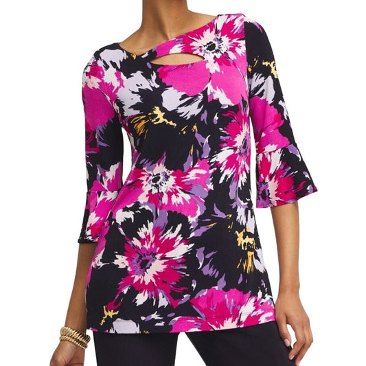 Chico's Travelers Floral Keyhole 3/4 Sleeve Top