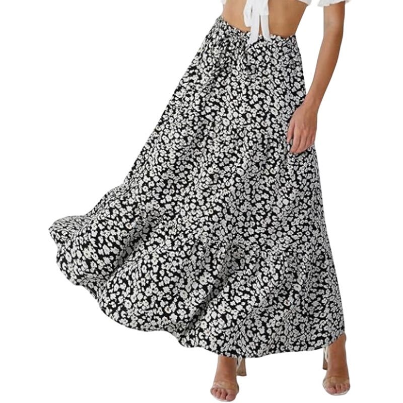 MEROKEETY Floral Print Elastic High Waist Midi Skirt