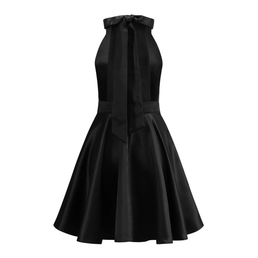 Commense Satin Knotted Doule Pockets Open Back Pleated Mini Dress