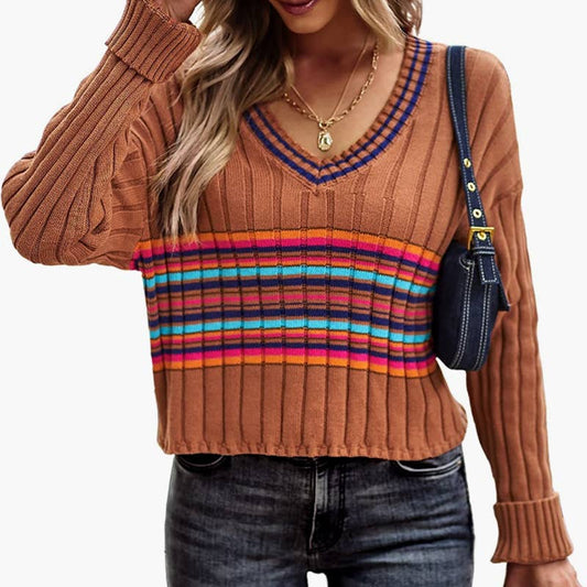 Mansy Casual Chunky Cable Knit Sweater V Neck Color Block Sweaters