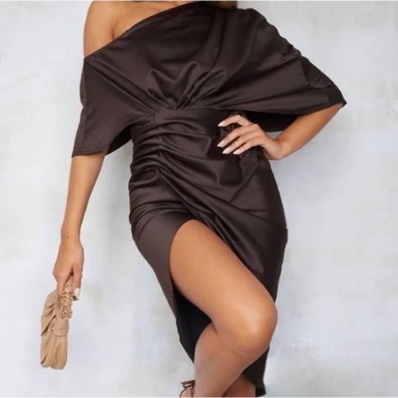 PrettyLittleThing Chocolate Satin Draped One Shoulder Midi Dress