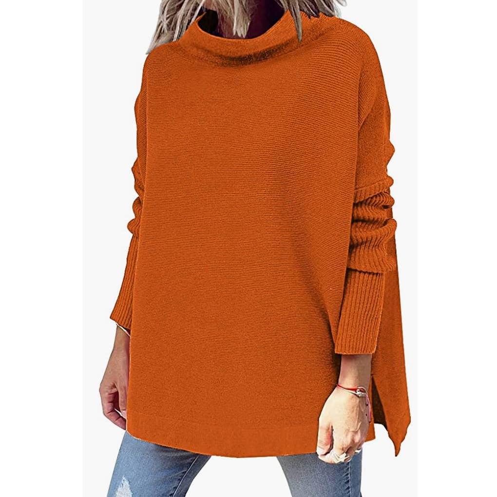 Lillusory Mock Turtleneck Oversized Sweater Long Batwing Sleeve Split Hem Ribbed Knit