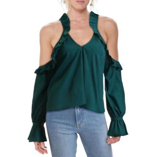 Likely Green Open Shoulder Bell Sleeves Top Blouse