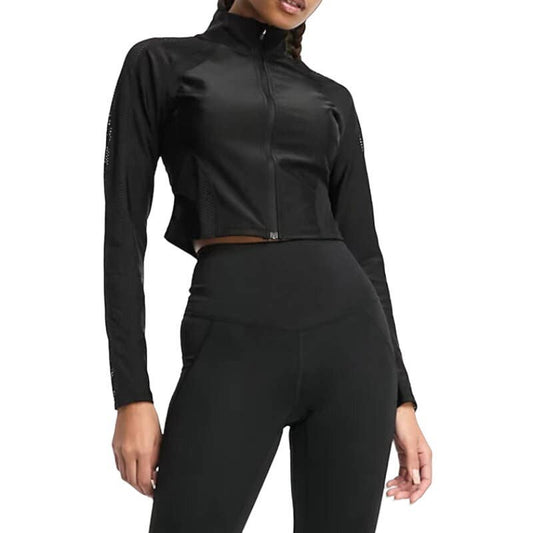 HIIT Gloss Highneck Zip Front Top with Mesh Detailing