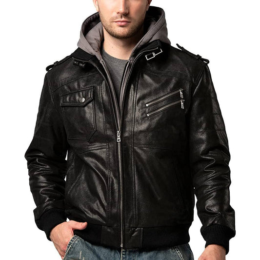 FLAVOR Men Leather Motorcycle Jacket with Removable Hood