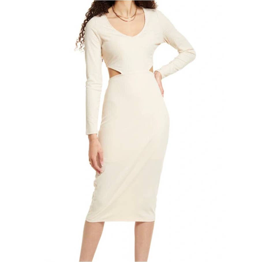 BP. Cutout Long Sleeve Rib Midi Dress