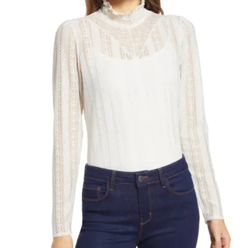 Halogen Lace Knit Mock Neck Top