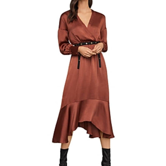 BCBGMAXAZRIA Belted Blouson-Sleeve Satin Dress