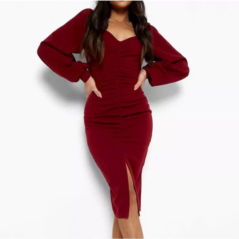 Boohoo Petite Ballon Sleeve Ruched Midi Dress